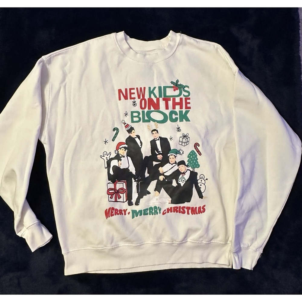New Kids on the Block Christmas Sweatshirt Mens M White NKOTB Holiday Crewneck